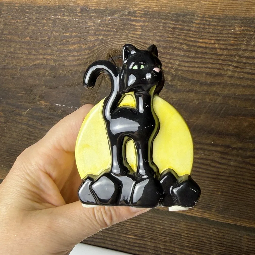 Black KITTY Cat Yellow Moon Tea Light Holder Halloween Pink Nose Set Of 3